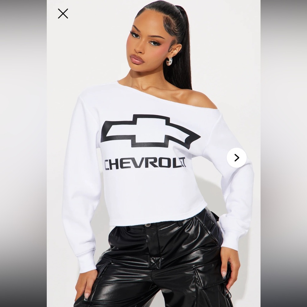NWT PLUS SIZE CHEVROLET White Off-Shoulder Sweatshirt